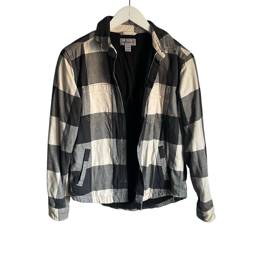 Carhartt Fleece Lined Buffalo Check Plaid Black White Button up Flannel size XS